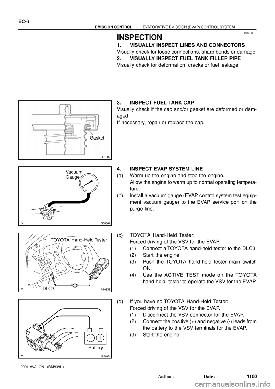 TOYOTA AVALON 2001  Service Repair Manual EC0B4-03
B01082
Gasket
B06544
Vacuum
Gauge
A10838
TOYOTA Hand-Held Tester
DLC3
B06722
Battery EC-6
- EMISSION CONTROLEVAPORATIVE EMISSION (EVAP) CONTROL SYSTEM
1100 Author: Date:
2001 AVALON   (RM80