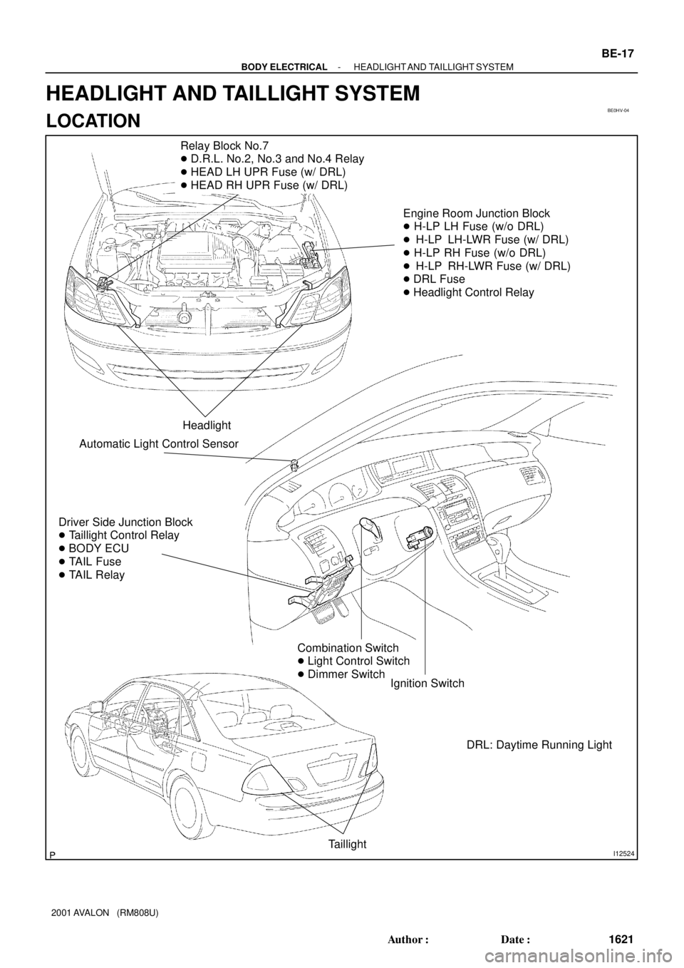 TOYOTA AVALON 2001  Service Repair Manual BE0HV-04
I12524
Relay Block No.7
 D.R.L. No.2, No.3 and No.4 Relay
 HEAD LH UPR Fuse (w/ DRL)
 HEAD RH UPR Fuse (w/ DRL)
Engine Room Junction Block
 H-LP LH Fuse (w/o DRL)
  H-LP  LH-LWR Fuse (w/