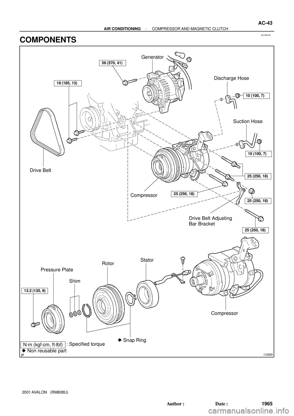 TOYOTA AVALON 2001  Service Service Manual AC1N0-02
I12928
N´m (kgf´cm, ft´lbf): Specified torque
 Non reusable part
Drive Belt
18 (185, 13)
Generator
10 (100, 7)
Discharge Hose
Compressor25 (250, 18)
10 (100, 7)
25 (250, 18)
25 (250, 18)
