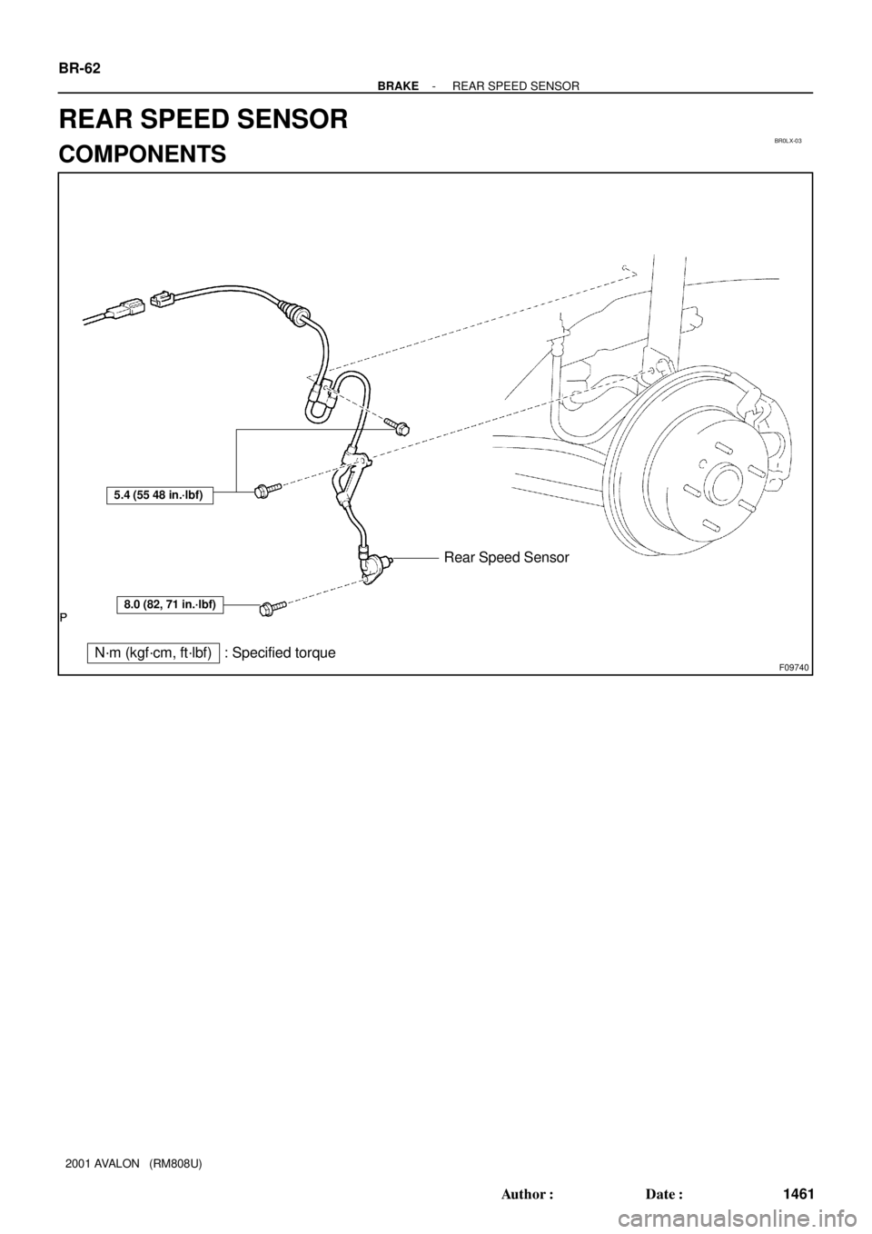 TOYOTA AVALON 2001  Service Repair Manual BR0LX-03
F09740
Rear Speed Sensor
N´m (kgf´cm, ft´lbf) : Specified torque
5.4 (55 48 in.´lbf)
8.0 (82, 71 in.´lbf)
BR-62
- BRAKEREAR SPEED SENSOR
1461 Author: Date:
2001 AVALON   (RM808U)
REAR 