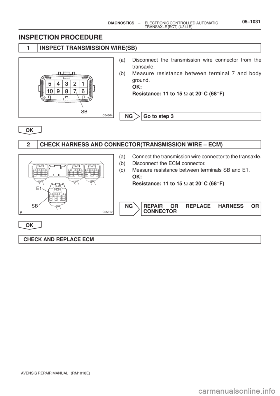 TOYOTA AVENSIS 2005  Service Repair Manual C54864SB
C95812
E1
SB
± DIAGNOSTICSELECTRONIC CONTROLLED AUTOMATIC
TRANSAXLE [ECT] (U341E)05±1031
AVENSIS REPAIR MANUAL   (RM1018E)
INSPECTION PROCEDURE
1 INSPECT TRANSMISSION WIRE(SB)
(a) Disconnec