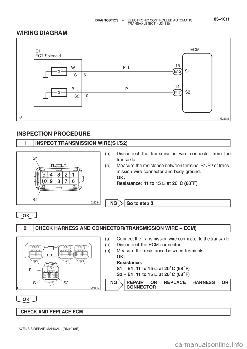 TOYOTA AVENSIS 2005  Service Repair Manual G22782
5
10P±L
PE1215
14S1
S2 E1 
ECT Solenoid
S1
S2 W
BECM
E12
D25234
S1
S2
C95812
S1 S2
E1
± DIAGNOSTICSELECTRONIC CONTROLLED AUTOMATIC
TRANSAXLE [ECT] (U341E)05±1011
AVENSIS REPAIR MANUAL   (RM1