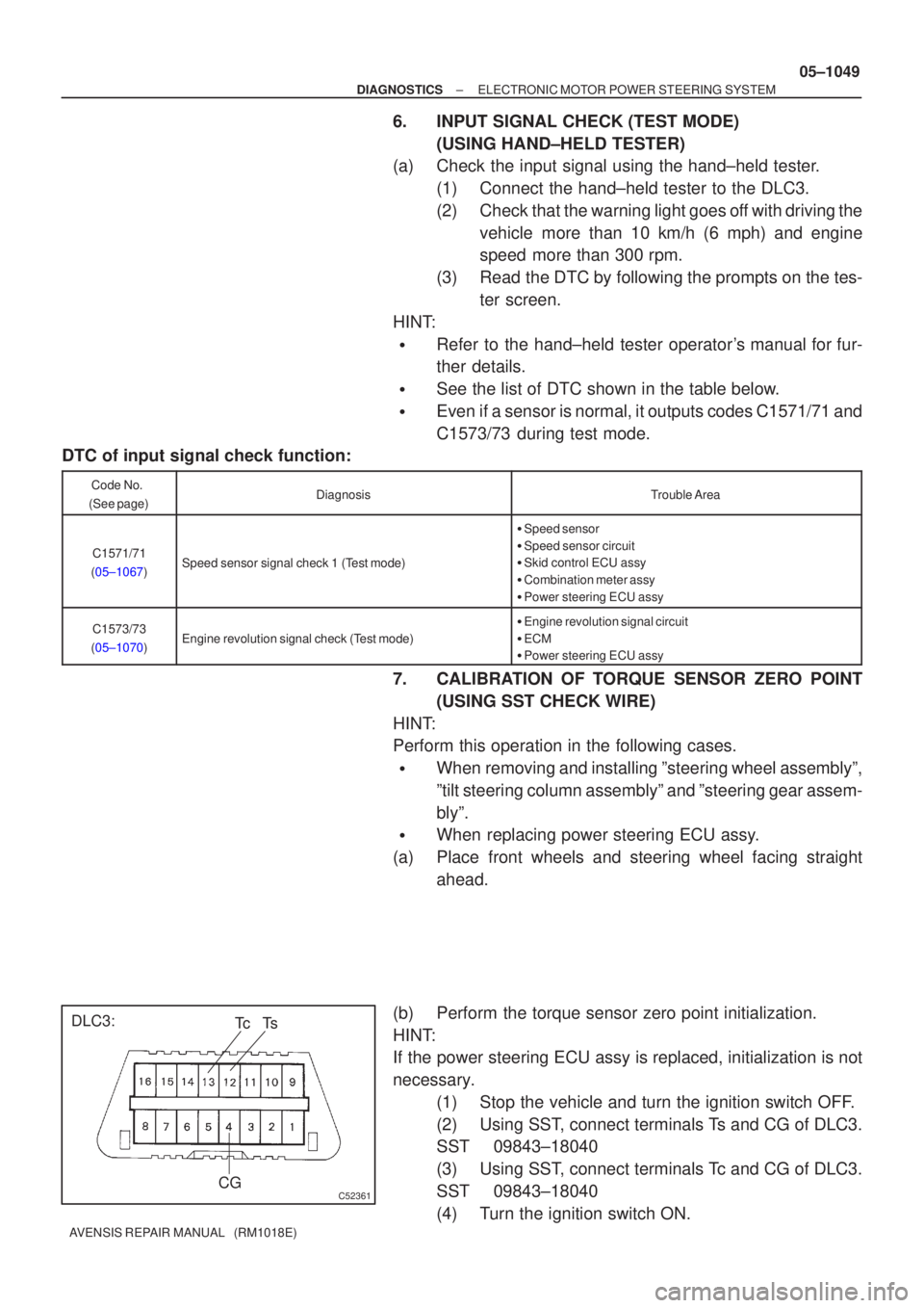 TOYOTA AVENSIS 2005 Service Repair Manual C52361
DLC3:CGTs
Tc
±
DIAGNOSTICS ELECTRONIC MOTOR POWER STEERING SYSTEM
05±1049
AVENSIS REPAIR MANUAL (RM1018E)
6.INPUT SIGNAL CHECK (TEST MODE)
(USING HAND±HELD TESTER)
(a)Check the input sign TOYOTA AVENSIS 2005 Service Repair Manual C52361
DLC3:CGTs
Tc
±
DIAGNOSTICS ELECTRONIC MOTOR POWER STEERING SYSTEM
05±1049
AVENSIS REPAIR MANUAL (RM1018E)
6.INPUT SIGNAL CHECK (TEST MODE)
(USING HAND±HELD TESTER)
(a)Check the input sign