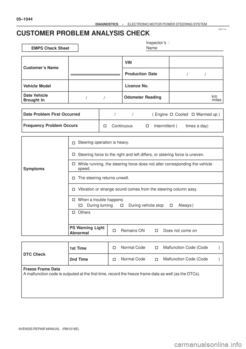 TOYOTA AVENSIS 2005 Service Repair Manual 050Y7±04
Inspector s
Name:
Customer s Name
Date Vehicle
Brought InLicence No.
Odometer Reading/ /
/ /
Date Problem First Occurred
Frequency Problem Occurs
ContinuousInterm TOYOTA AVENSIS 2005 Service Repair Manual 050Y7±04
Inspector s
Name:
Customer s Name
Date Vehicle
Brought InLicence No.
Odometer Reading/ /
/ /
Date Problem First Occurred
Frequency Problem Occurs
ContinuousInterm