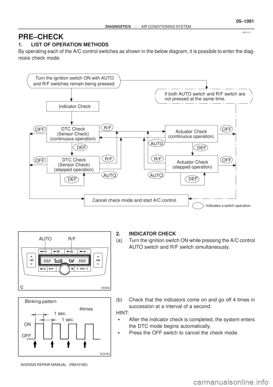 TOYOTA AVENSIS 2005  Service Repair Manual 05C7I±01
Turn the ignition switch ON with AUTO
and R/F switches remain being preseed.
Indicator Check
DTC Check
(Sensor Check)
(continuous operation)
DTC Check
(Sensor Check)
(stepped operation)
Canc