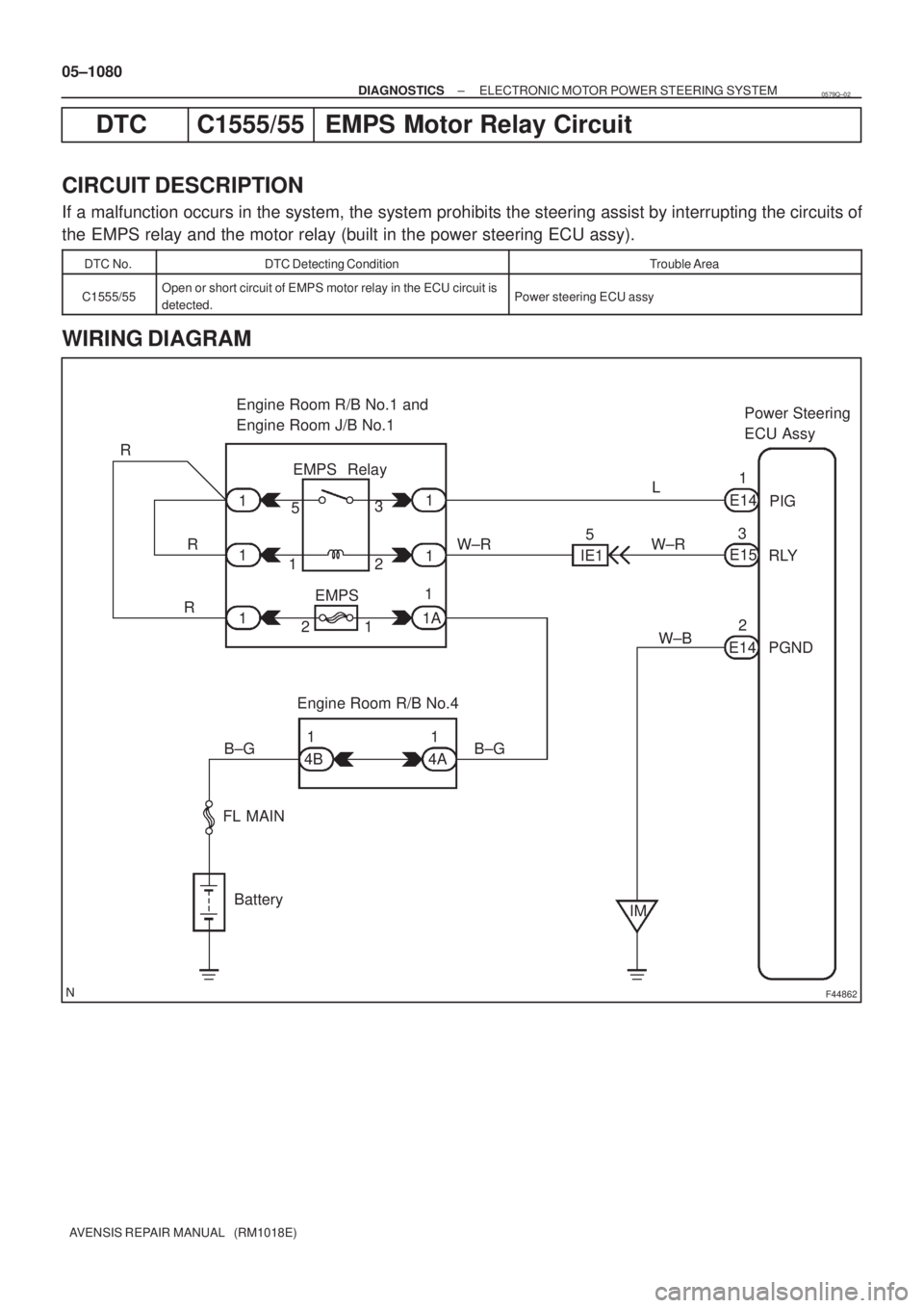 TOYOTA AVENSIS 2005  Service Repair Manual F44862
Engine Room R/B No.1 and 
Engine Room J/B No.1Power Steering
ECU Assy
Engine Room R/B No.4 EMPS Relay
W±R
FL MAIN
BatteryPIG
RLY
PGND R
R
RIE1L
1 1 11
1
1A
1 22 1
1
EMPS 53
51
E14
3
E15
2
E14 