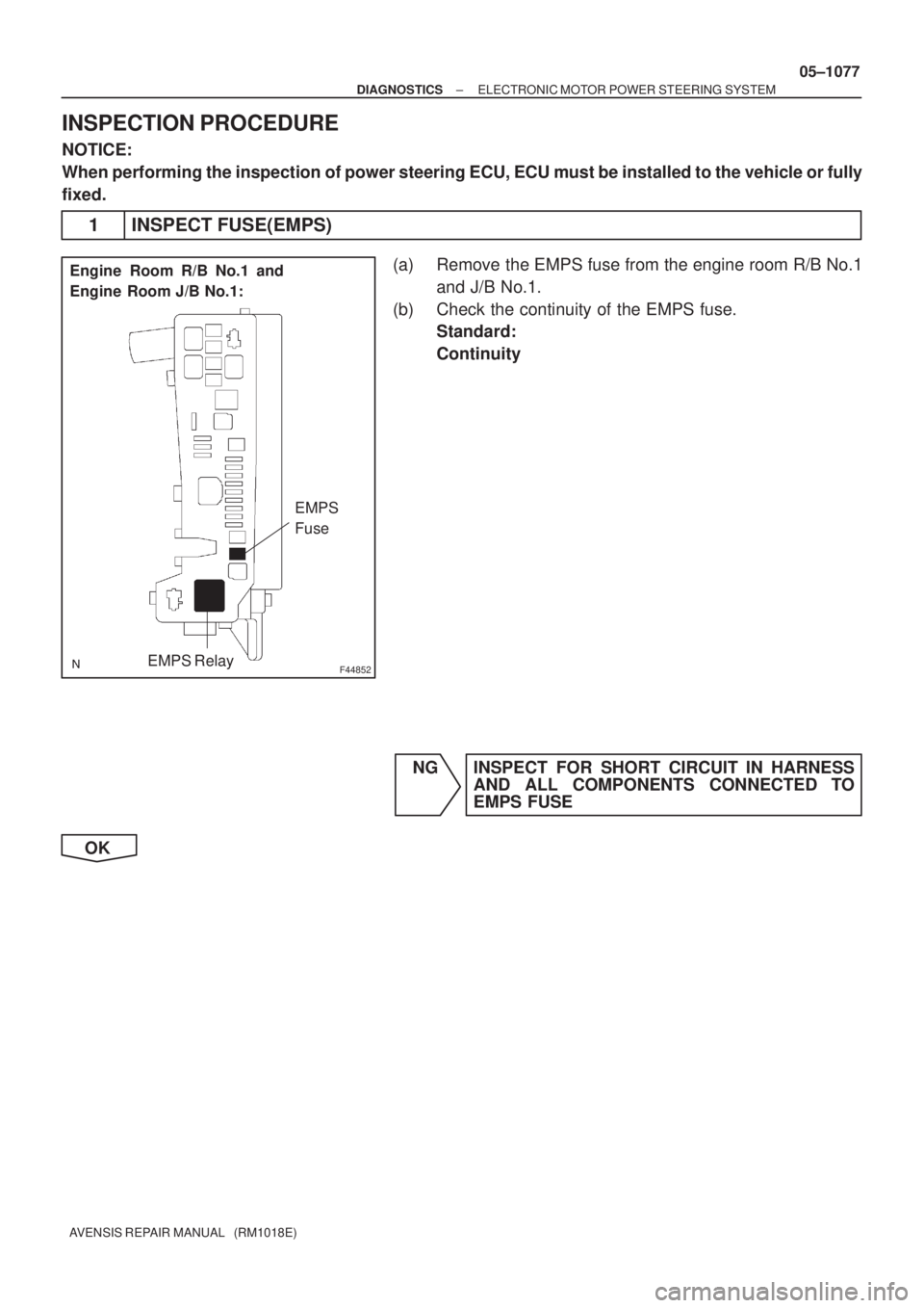 TOYOTA AVENSIS 2005  Service Repair Manual F44852
Engine Room R/B No.1 and
Engine Room J/B No.1:
EMPS 
Fuse
EMPS Relay
± DIAGNOSTICSELECTRONIC MOTOR POWER STEERING SYSTEM
05±1077
AVENSIS REPAIR MANUAL   (RM1018E)
INSPECTION PROCEDURE
NOTICE: