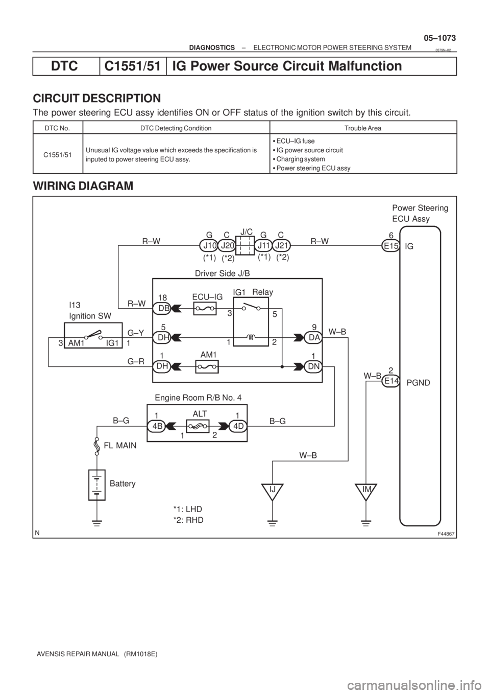 TOYOTA AVENSIS 2005  Service Repair Manual F44867
Engine Room R/B No. 4 I13
Ignition SWDriver Side J/B
ECU±IG
AM1
ALT
FL MAIN
BatteryIG1Relay
AM1 IG1IG
PGND R±W
R±WR±W
W±B
W±B
W±B B±G B±GG±Y
G±RJ10G
J20C
J11G
J21C
E156
E142 DB 18
DH