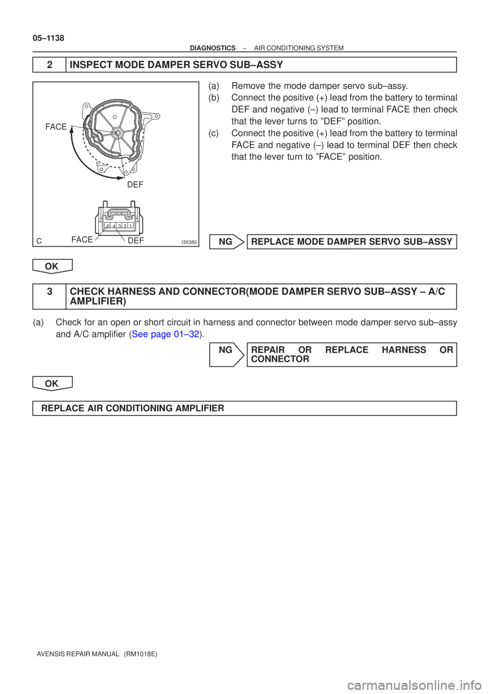 TOYOTA AVENSIS 2005  Service Repair Manual I35385
DEF
FACE
1
2
3
4
5
DEF
FACE
05±1138
±
DIAGNOSTICS AIR CONDITIONING SYSTEM
AVENSIS REPAIR MANUAL   (RM1018E)
2INSPECT MODE DAMPER SERVO SUB±ASSY
(a)Remove the mode damper servo sub±assy.
(b)