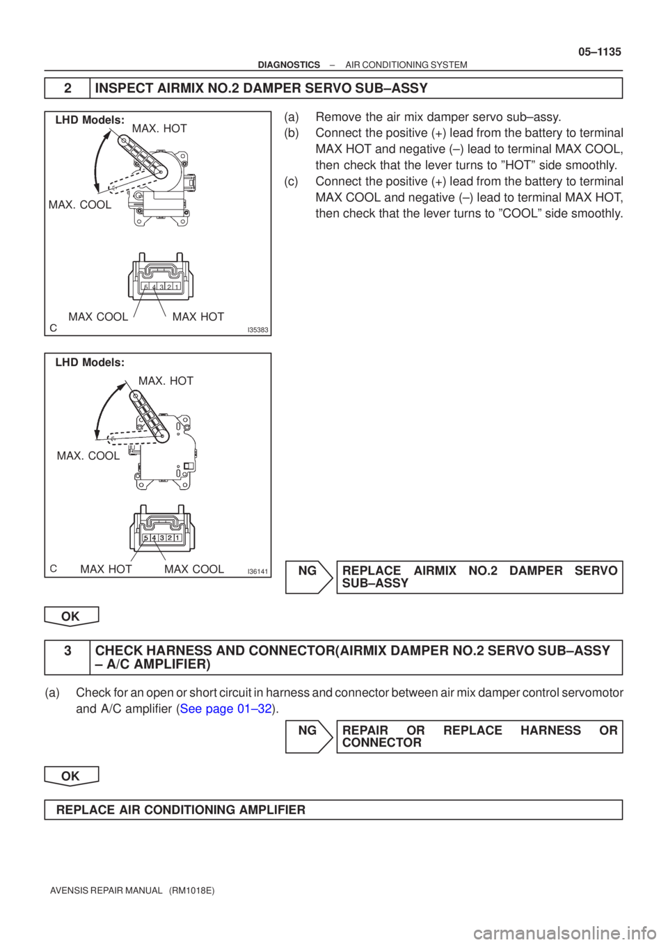 TOYOTA AVENSIS 2005  Service Repair Manual I35383
LHD Models:
MAX. COOL MAX. HOT
1
2
3
4
5
MAX HOTMAX COOL
I36141
LHD Models:
MAX. COOL MAX. HOT
MAX HOTMAX COOL
±
DIAGNOSTICS AIR CONDITIONING SYSTEM
05±1135
AVENSIS REPAIR MANUAL   (RM1018E)
