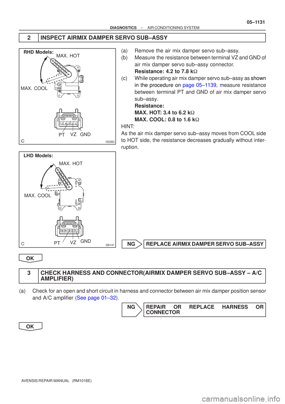 TOYOTA AVENSIS 2005  Service Repair Manual I35383
RHD Models:
MAX. COOL MAX. HOT
12345
P
T V
Z GND
I36141
LHD Models:
MAX. COOL MAX. HOT
P T VZGND
±
DIAGNOSTIC SAIR CONDITIONING SYSTEM
05± 1131
A VENSIS  RE PAIR MANUAL   (RM1018E)
2 INSPEC T