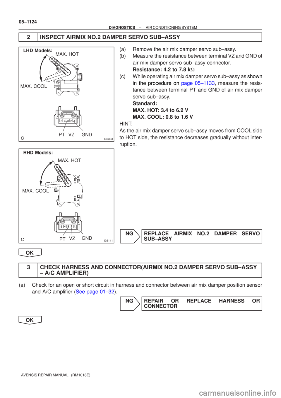 TOYOTA AVENSIS 2005 Service Repair Manual I35383
LHD Models:
MAX. COOL MAX. HOT
12345
P
T VZ GND
I36141
RHD Models:
MAX. COOL MAX. HOT
P T V
Z GND
05±
1124
±
DIAGNOSTIC SAIR CONDITIONING SYSTEM
A VENSIS RE PAIR MANUAL (RM1018E)
2 INSPEC TOYOTA AVENSIS 2005 Service Repair Manual I35383
LHD Models:
MAX. COOL MAX. HOT
12345
P
T VZ GND
I36141
RHD Models:
MAX. COOL MAX. HOT
P T V
Z GND
05±
1124
±
DIAGNOSTIC SAIR CONDITIONING SYSTEM
A VENSIS RE PAIR MANUAL (RM1018E)
2 INSPEC