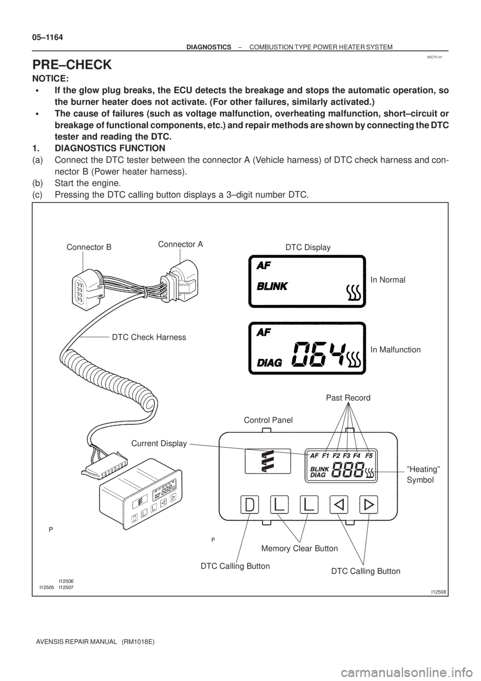 TOYOTA AVENSIS 2005  Service Repair Manual 05C7V±01
I12508
Connector B
DTC Check Harness
Current DisplayControl PanelPast Record DTC Display
Memory Clear Button
DTC Calling Button
DTC Calling ButtonºHeatingº
Symbol In Norm