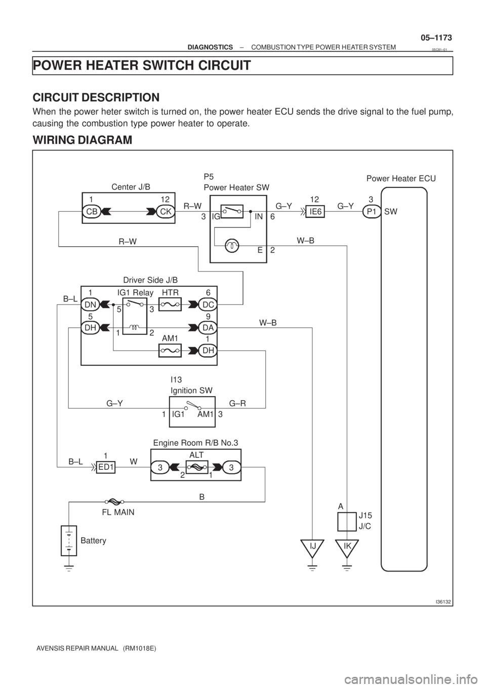 TOYOTA AVENSIS 2005  Service Repair Manual I36132
Center J/BP5
Power Heater SWPower Heater ECU
CB1
CK12
R±W G±Y G±Y
IE612
P13
SW
W±B
R±W36IG IN
2 E
Driver Side J/B
B±L
DN
DH5 1 IG1 Relay HTR
DC
DA9 6
DH1W±B
AM1
I13
Ignition SW
1 IG1 AM1