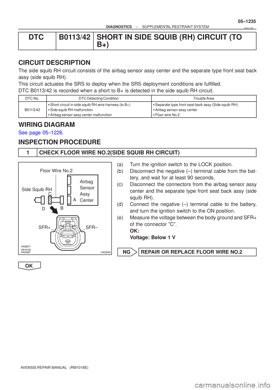 TOYOTA AVENSIS 2005  Service Repair Manual  

H42849
Side Squib RHAirbag 
Sensor 
Assy
Center
SFR±
SFR+
Floor Wire No.2
A
B
C
D
±
DIAGNOSTICS SUPPLEMENTAL RESTRAINT SYSTEM
05±1235
AVENSIS REPAIR MANUAL   (RM1018E)
DTC B011