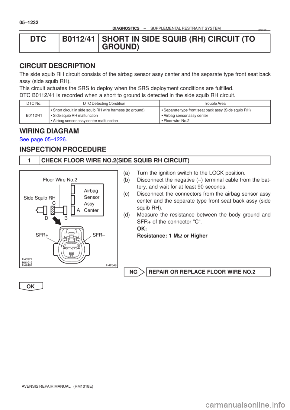 TOYOTA AVENSIS 2005  Service Repair Manual  

H42849
Airbag 
Sensor 
Assy
Center
Side Squib RH Floor Wire No.2
SFR+ SFR±
A
B
C
D
05±1232
±
DIAGNOSTICS SUPPLEMENTAL RESTRAINT SYSTEM
AVENSIS REPAIR MANUAL   (RM1018E)
DTC B01