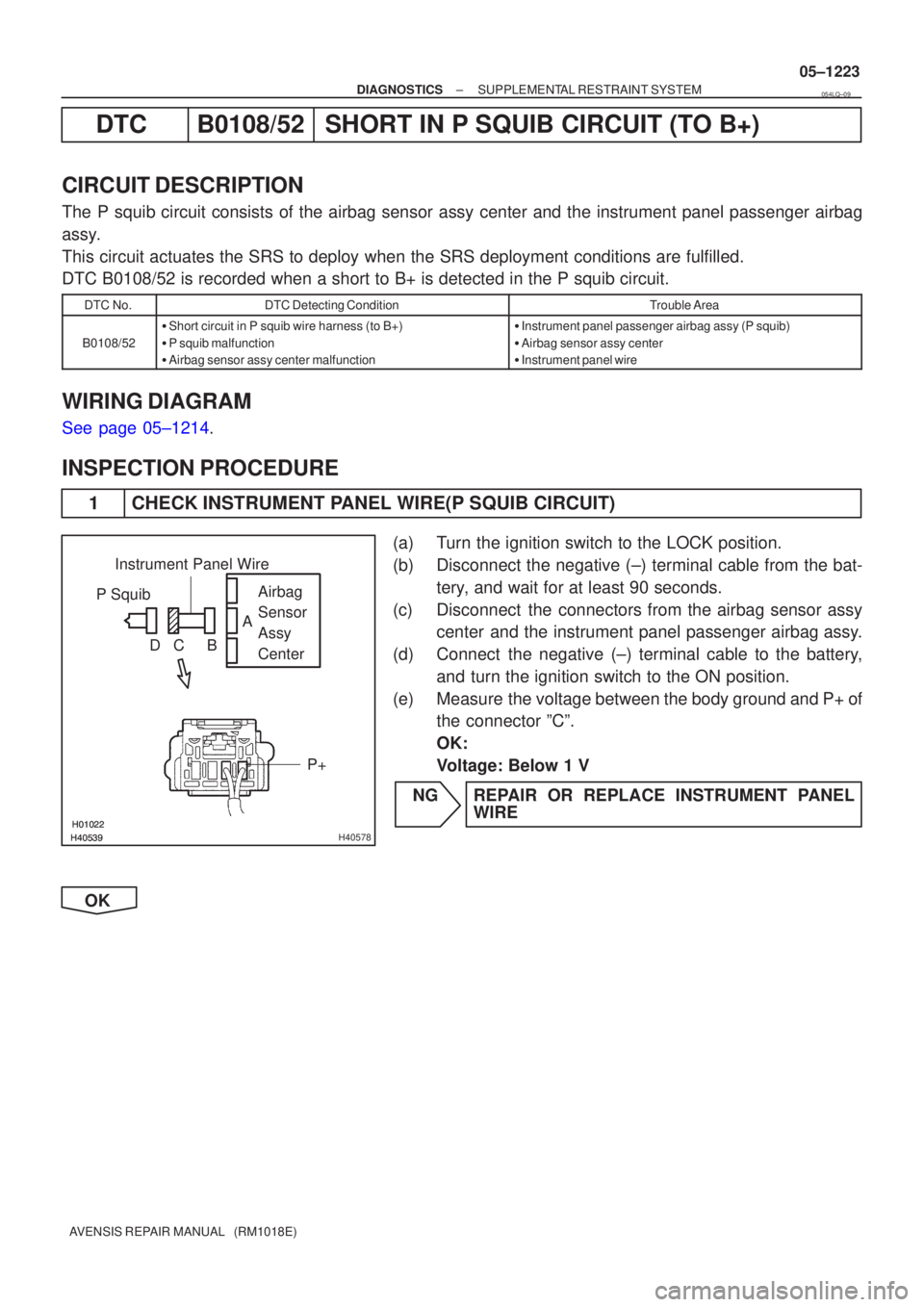TOYOTA AVENSIS 2005  Service Repair Manual \b\b\b\bH40578
P SquibAirbag
Sensor
Assy
Center
P+
Instrument Panel Wire
A
B
C
D
±
DIAGNOSTICS SUPPLEMENTAL RESTRAINT SYSTEM
05±1223
AVENSIS REPAIR MANUAL   (RM1018E)
DTCB0108/52
