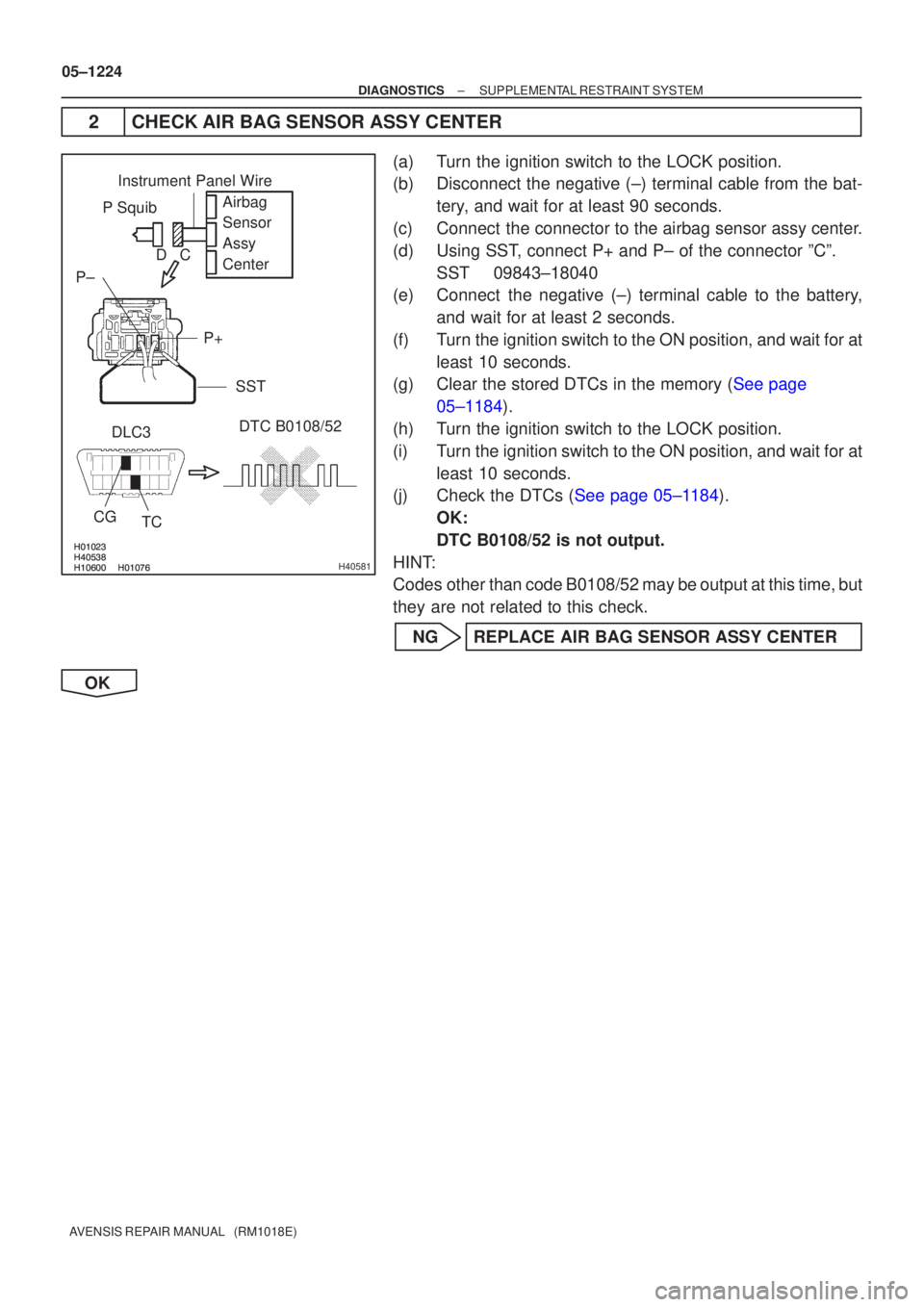 TOYOTA AVENSIS 2005  Service Repair Manual 

	

\b


	

\bH40581
Airbag
Sensor
Assy
Center
P Squib
P+
P±
DLC3
CG TC DTC B0108/52
Instrument Panel Wire
SST
C
D
05±1224
±
DIAGNOSTICS SUPPLEMENTAL RESTRAINT 
