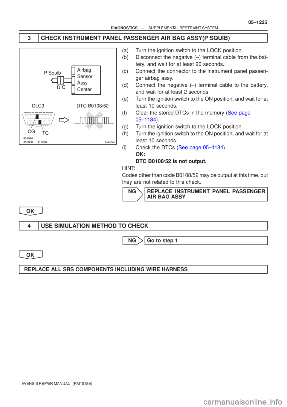 TOYOTA AVENSIS 2005  Service Repair Manual  H40047
P Squib
DLC3
CG TC DTC B0108/52Airbag
Sensor
Assy
Center
C
D
±
DIAGNOSTICS SUPPLEMENTAL RESTRAINT SYSTEM
05±1225
AVENSIS REPAIR MANUAL   (RM1018E)
3CHECK INSTRUMENT PANEL P