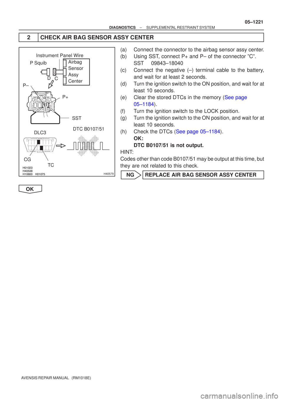 TOYOTA AVENSIS 2005  Service Repair Manual 

	

\b


	

\bH40579
P SquibAirbag
Sensor
Assy
Center
DTC B0107/51
DLC3
CG TC
P±
P+
Instrument Panel Wire
SST
C
D
±
DIAGNOSTICS SUPPLEMENTAL RESTRAINT SYSTEM
05