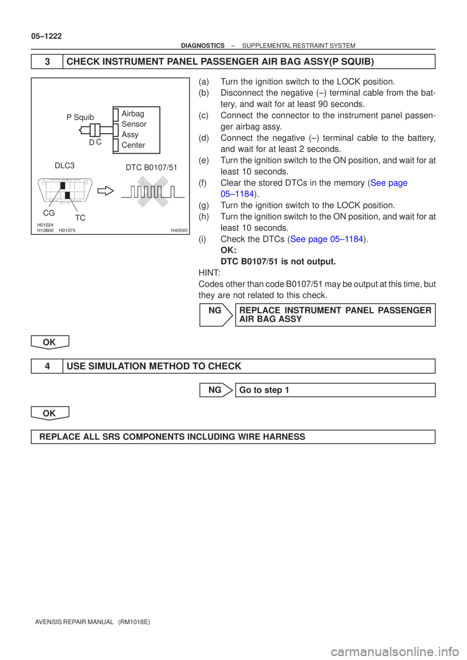 TOYOTA AVENSIS 2005  Service Repair Manual \b\b\bH40045
P SquibDTC B0107/51
DLC3
CG TCAirbag
Sensor
Assy
Center
C
D
05±1222
±
DIAGNOSTICS SUPPLEMENTAL RESTRAINT SYSTEM
AVENSIS REPAIR MANUAL   (RM1018E)
3 CHECK INSTRUMENT PANEL