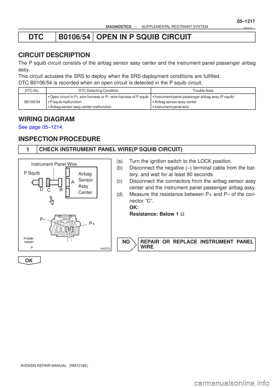 TOYOTA AVENSIS 2005  Service Repair Manual 	
\b	
\b
H40576
P SquibAirbag
Sensor
Assy
Center
P± P+
Instrument Panel Wire
A
B
C
D
±
DIAGNOSTICS SUPPLEMENTAL RESTRAINT SYSTEM
05±1217
AVENSIS REPAIR MANUAL   (RM1018E)
DTCB0106