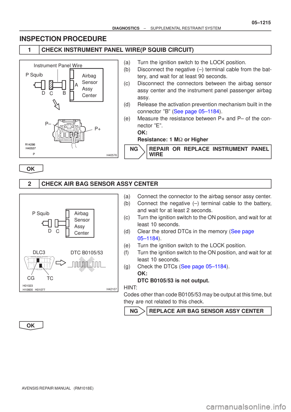 TOYOTA AVENSIS 2005  Service Repair Manual 	
\b	
\b
H40576
P SquibAirbag
Sensor
Assy
Center
P± P+
Instrument Panel Wire
A
B
C
D



\b\bH42107
P SquibAirbag
Sensor
Assy
Center
CG TC
DLC3
DTC B0105/53
C
D
±
DIAGN