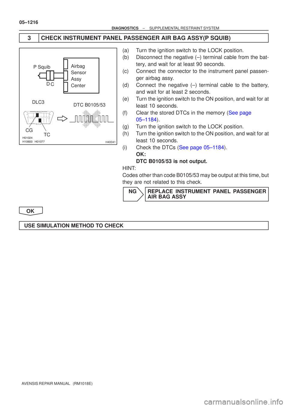TOYOTA AVENSIS 2005  Service Repair Manual H40041
P SquibDTC B0105/53
DLC3
CG TCAirbag
Sensor
Assy
Center
C
D
05±1216
±
DIAGNOSTICS SUPPLEMENTAL RESTRAINT SYSTEM
AVENSIS REPAIR MANUAL   (RM1018E)
3CHECK INSTRUMENT PANEL PAS