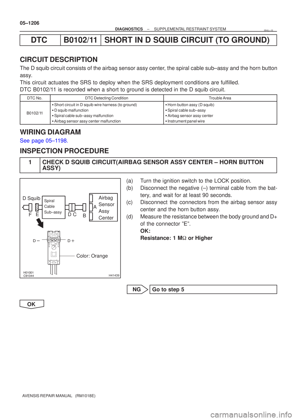 TOYOTA AVENSIS 2005  Service Repair Manual 


H41439
D Squib Airbag
Sensor
Assy
CenterSpiral
Cable
Sub±assy
Color: Orange
A
B
C
D
E
F
05±1206
±
DIAGNOSTICS SUPPLEMENTAL RESTRAINT SYSTEM
AVENSIS REPAIR MANUAL   (RM1018E)
DTCB