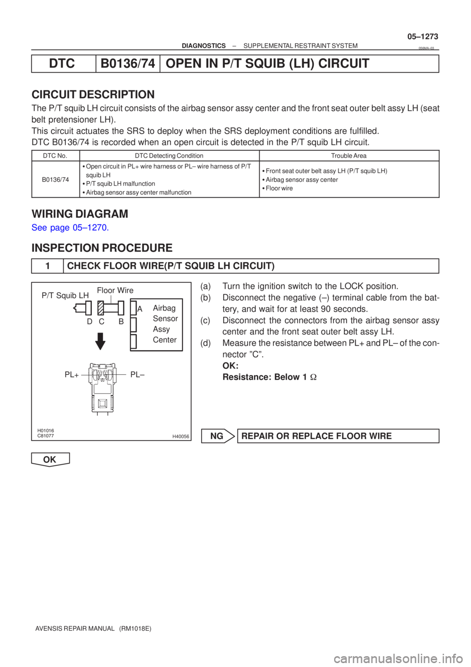 TOYOTA AVENSIS 2005  Service Repair Manual H40056
P/T Squib LHPL±
PL+ Airbag
Sensor
Assy
CenterFloor Wire
A
B
C
D
±
DIAGNOSTICS SUPPLEMENTAL RESTRAINT SYSTEM
05±1273
AVENSIS REPAIR MANUAL   (RM1018E)
DTC B0136/74 OPEN IN P/T SQU