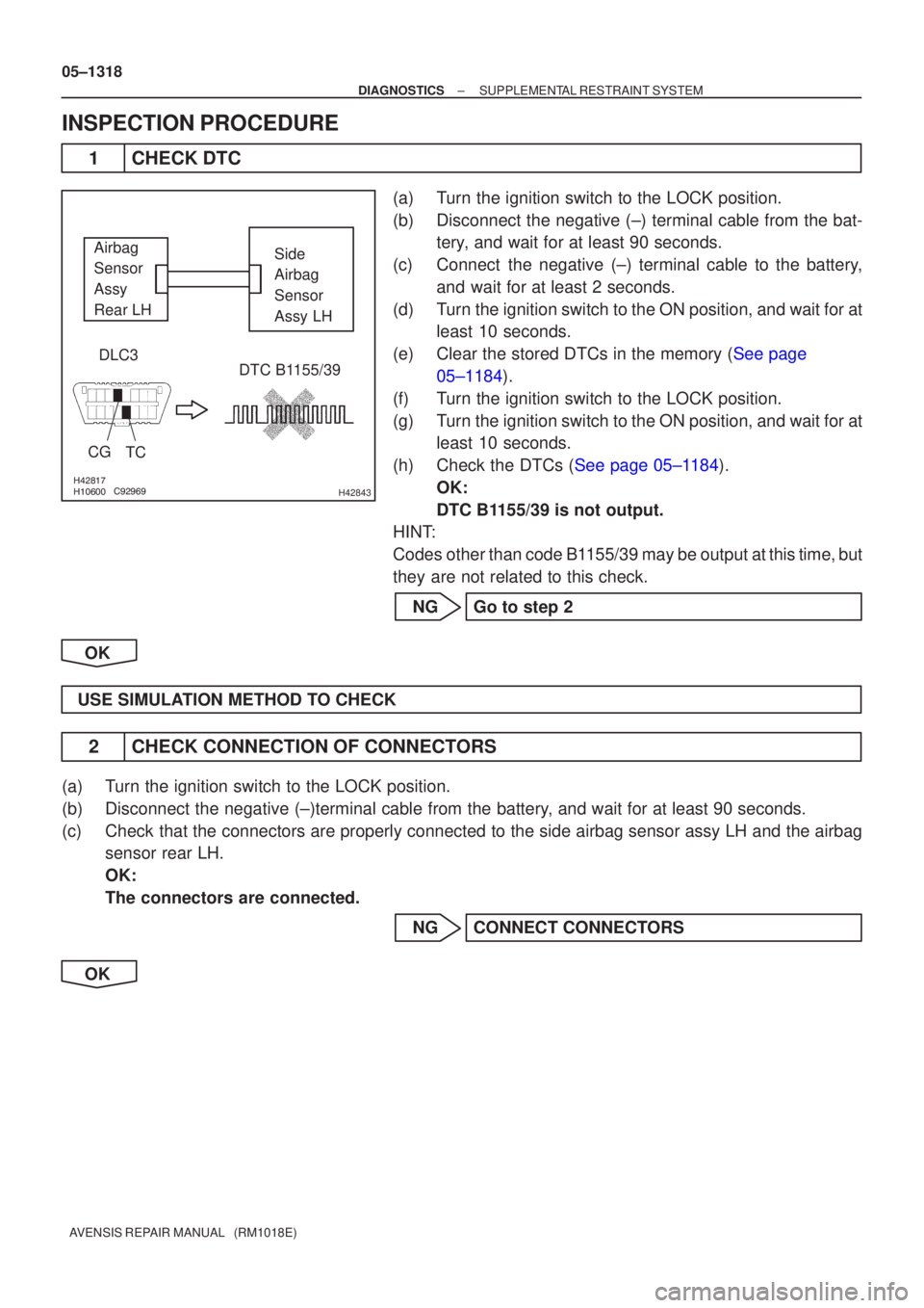 TOYOTA AVENSIS 2005  Service Repair Manual 
	\b\b\b
H42843
Airbag
Sensor
Assy
Rear LHSide
Airbag
Sensor
Assy LH
DLC3
CG TC
DTC B1155/39
05±1318
±
DIAGNOSTICS SUPPLEMENTAL RESTRAINT SYSTEM
AVENSIS REPAIR MANUAL   (RM1018E)
INSPECT