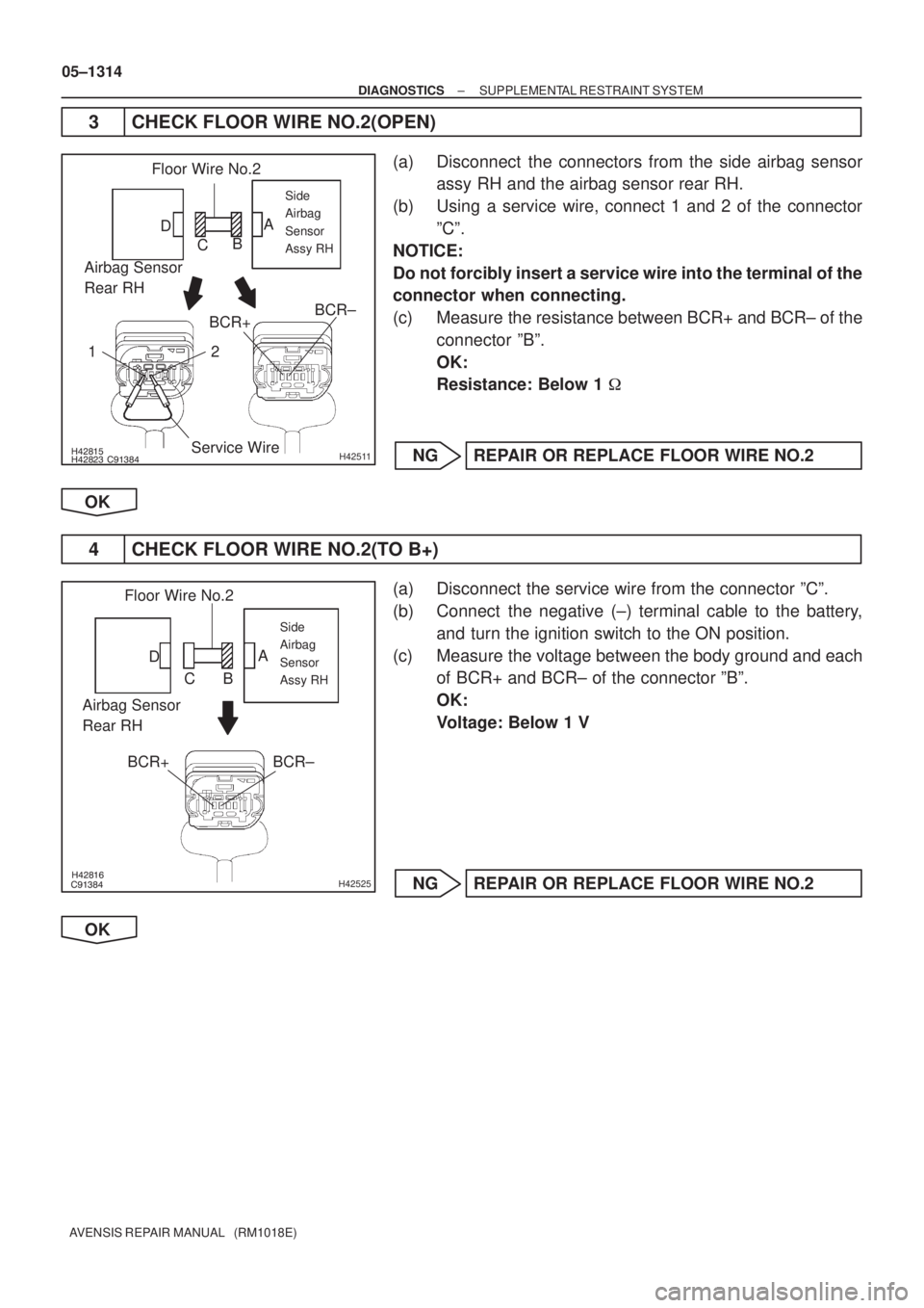 TOYOTA AVENSIS 2005  Service Repair Manual 	

H42511
Airbag Sensor 
Rear RHFloor Wire No.2
BCR+BCR±
Side
Airbag
Sensor
Assy RH
A
B
C D
2 1
Service Wire
	
H42525
Floor Wire No.2
BCR+ BCR±
Airbag Sensor 
Rear RH
Side
A