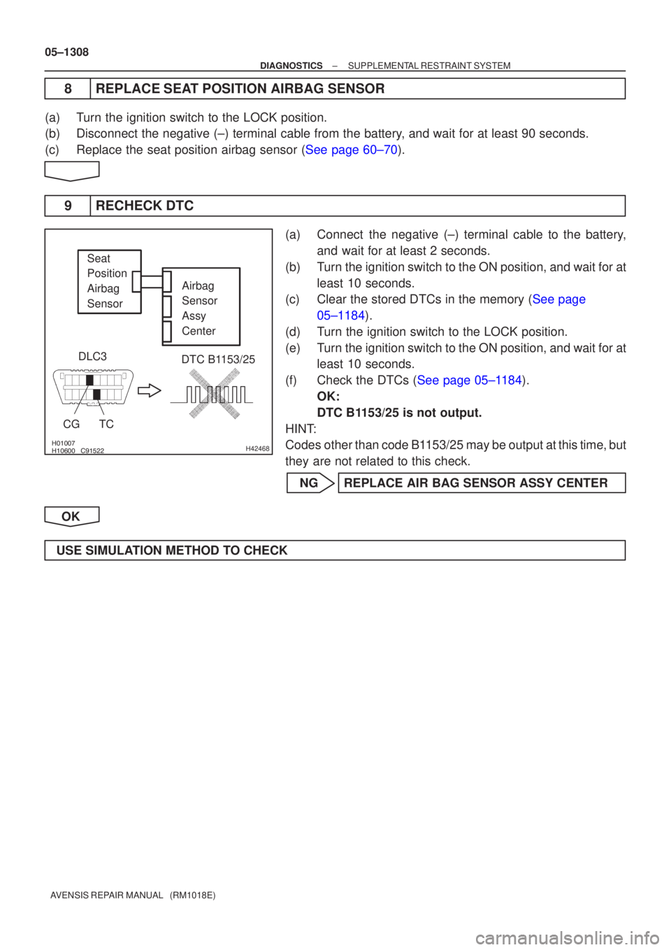 TOYOTA AVENSIS 2005  Service Repair Manual 	\b	H42468
DLC3
CGTC
Airbag
Sensor
Assy
Center
Seat
Position
Airbag
Sensor
DTC B1153/25
05±1308
±
DIAGNOSTICS SUPPLEMENTAL RESTRAINT SYSTEM
AVENSIS REPAIR MANUAL   (RM1018E)
8REPLACE 