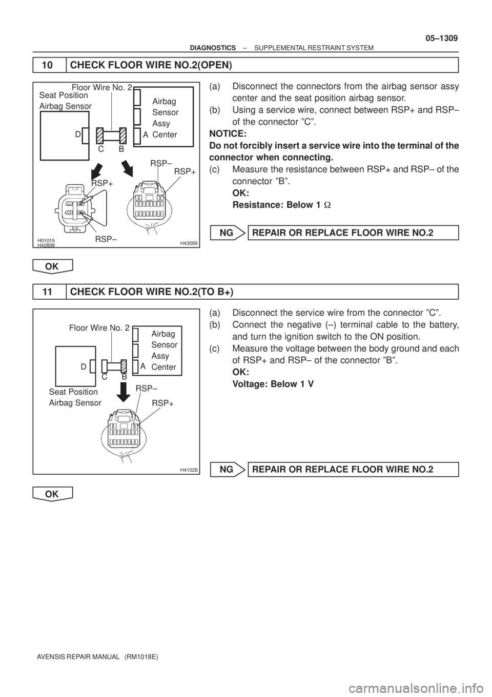 TOYOTA AVENSIS 2005  Service Repair Manual 		H43089
Airbag
Sensor
Assy
Center Seat Position
Airbag Sensor
RSP±
RSP+
Floor Wire No. 2
A
B C D
RSP± RSP+
H41028
Airbag
Sensor
Assy
Center
Seat Position
Airbag SensorRSP±
RSP+Floor Wire