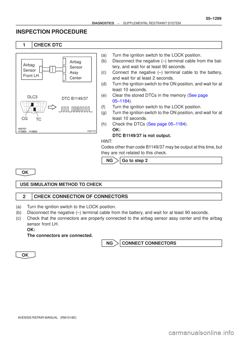 TOYOTA AVENSIS 2005  Service Repair Manual 	
		\b	
		\bH42119
Airbag 
Sensor 
Front LH Airbag 
Sensor 
Assy 
Center
DLC3
CG TC DTC B1149/37
±
DIAGNOSTICS SUPPLEMENTAL RESTRAINT SYSTEM
05±1299
AVENSIS REPAIR MANUAL
