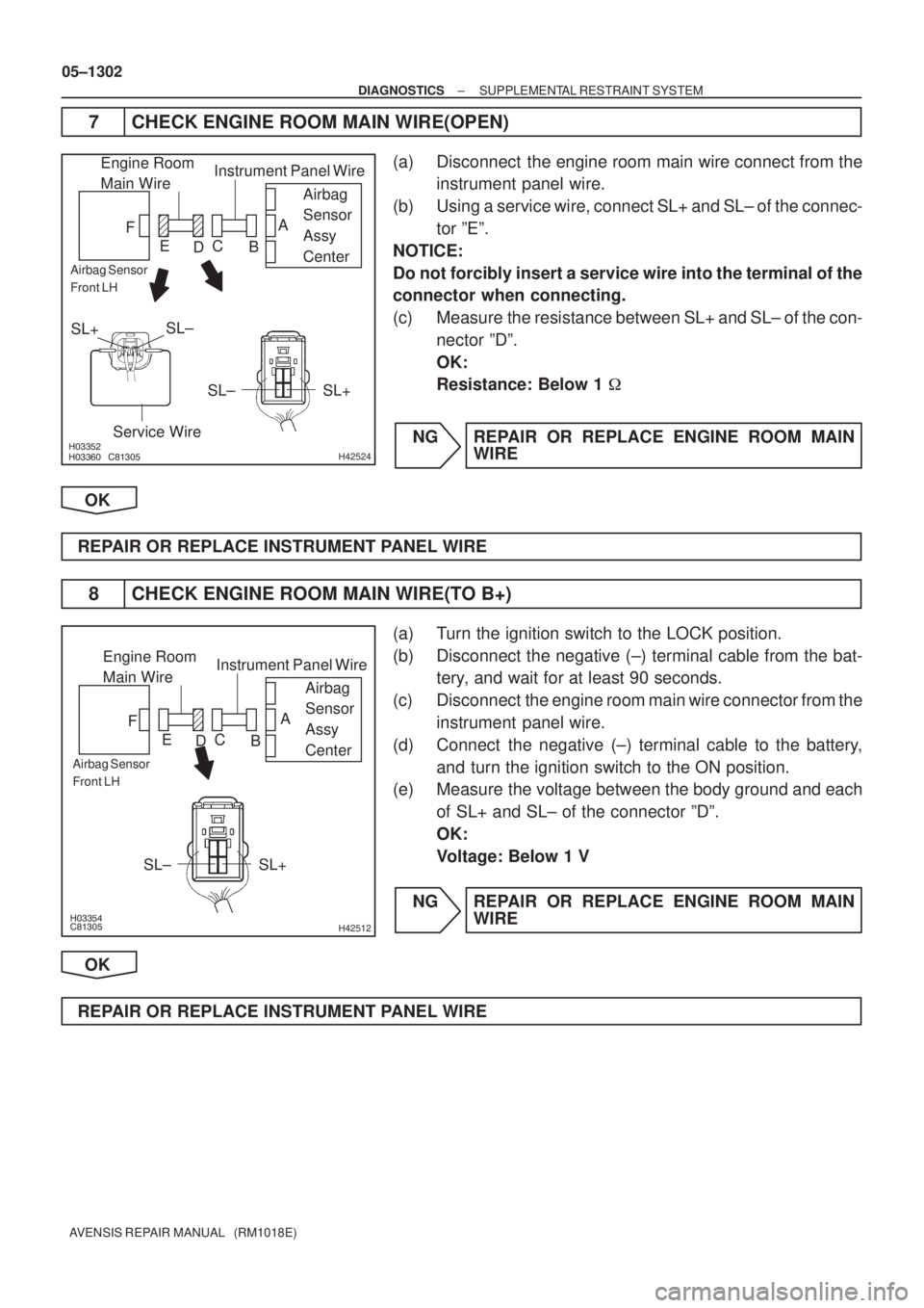 TOYOTA AVENSIS 2005  Service Repair Manual 

	H42524
Engine Room
Main Wire
SL± SL+
Service Wire
Airbag 
Sensor 
Assy 
Center
Airbag Sensor
Front LH
A
B C
D E FInstrument Panel Wire
SL±
SL+

	H42512
Engine Room
Main W