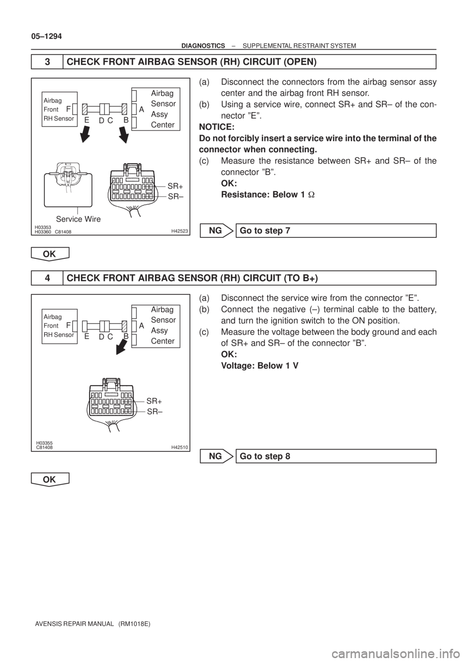 TOYOTA AVENSIS 2005  Service Repair Manual 		H42523
Airbag 
Sensor 
Assy 
CenterAirbag
Front
RH Sensor
Service Wire
SR+
SR±
A
B
C
D E F
	H42510
Airbag 
Sensor 
Assy 
CenterAirbag
Front
RH Sensor
SR+
SR±
A
B
C
D E F