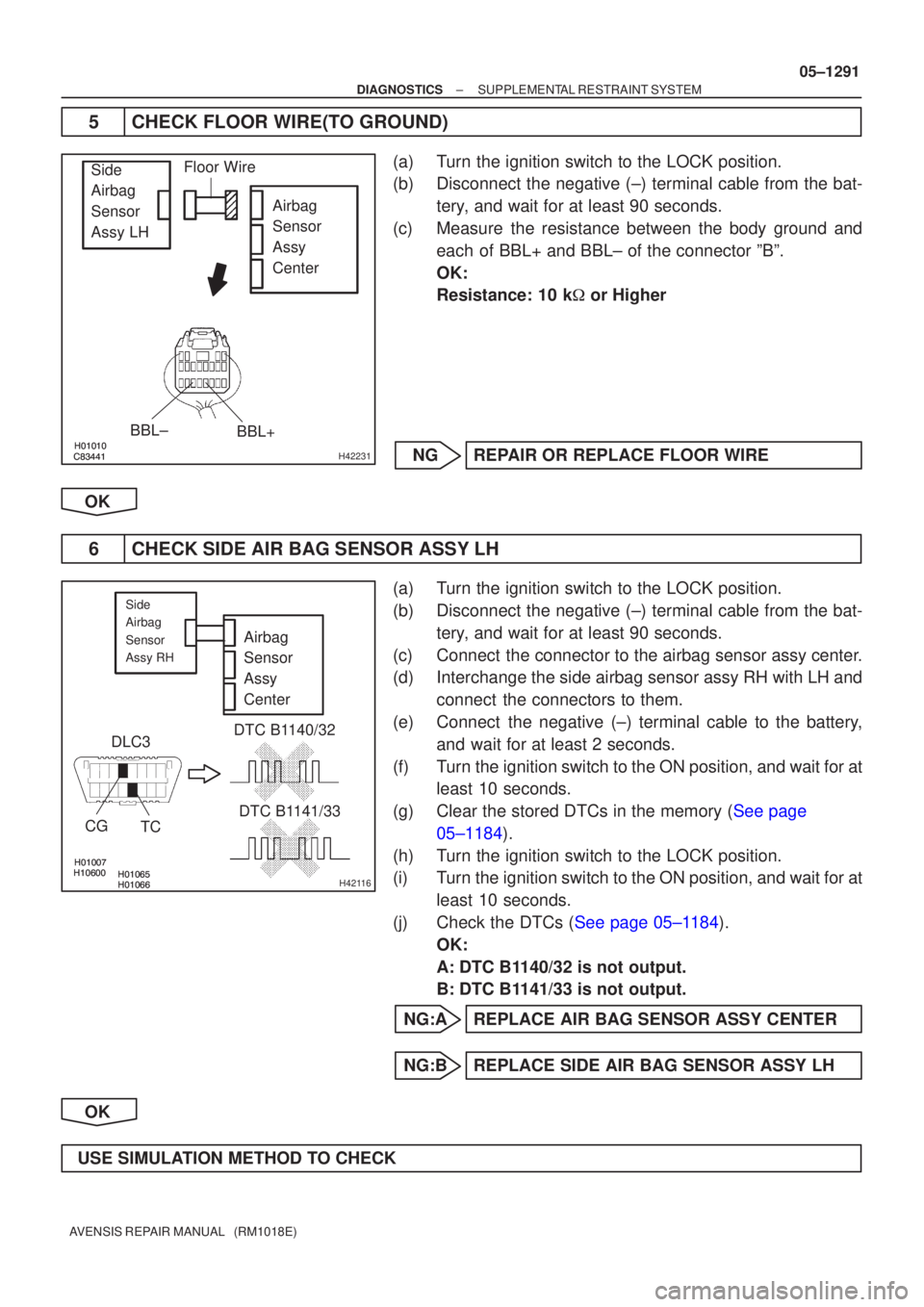 TOYOTA AVENSIS 2005  Service Repair Manual 

	\b

	\bH42231
Side
Airbag
Sensor
Assy LH Airbag
Sensor
Assy
Center
BBL± BBL+Floor Wire











H42116
Airbag 
Sensor 
Assy 
Center
DLC3