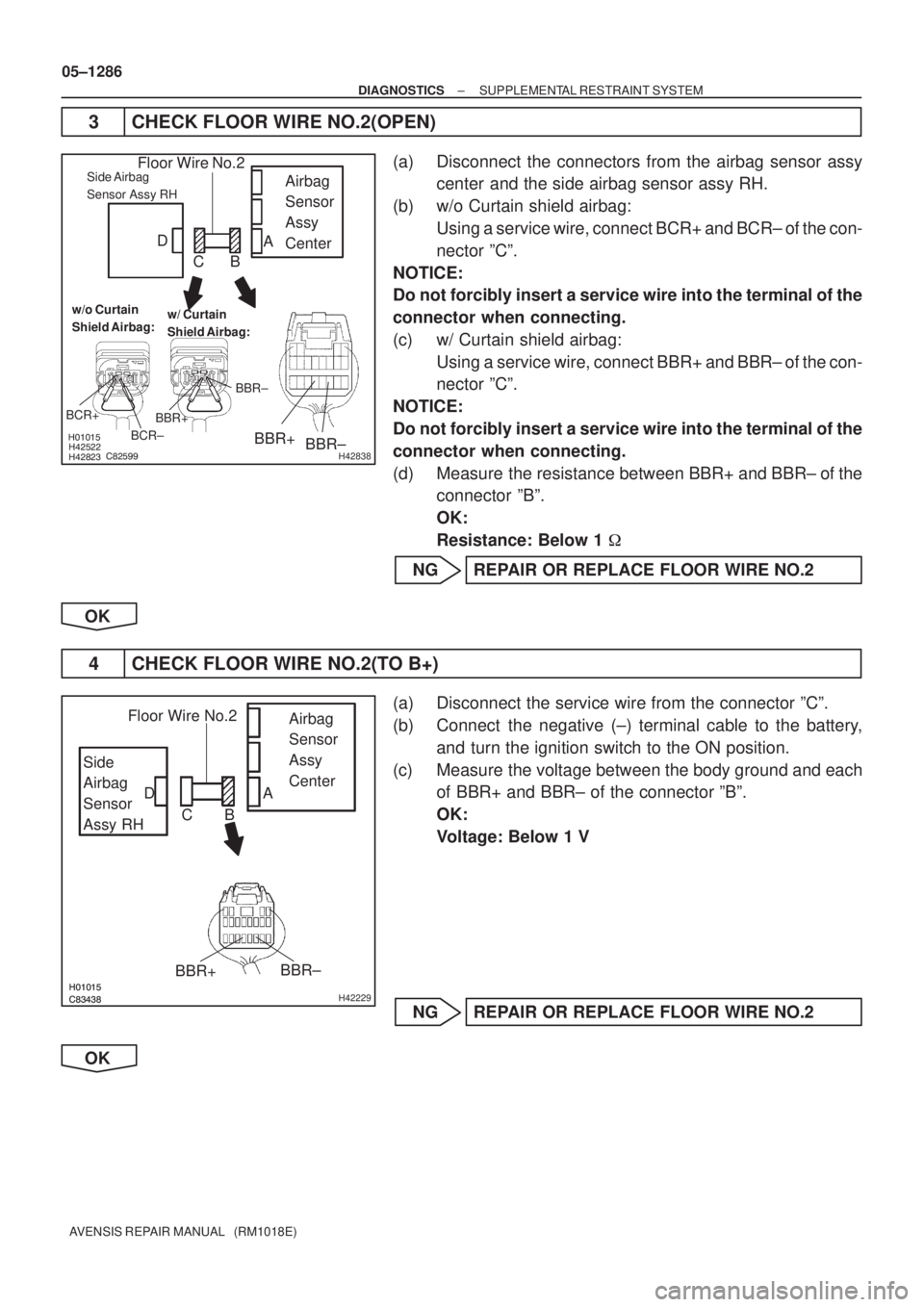 TOYOTA AVENSIS 2005  Service Repair Manual 

	


H42838
Airbag
Sensor
Assy
Center Floor Wire No.2
BBR+
BBR±Side Airbag
Sensor Assy RH
w/o Curtain
Shield Airbag:w/ Curtain
Shield Airbag:
BBR+BBR±
BCR+
BCR±
A
B C D

	