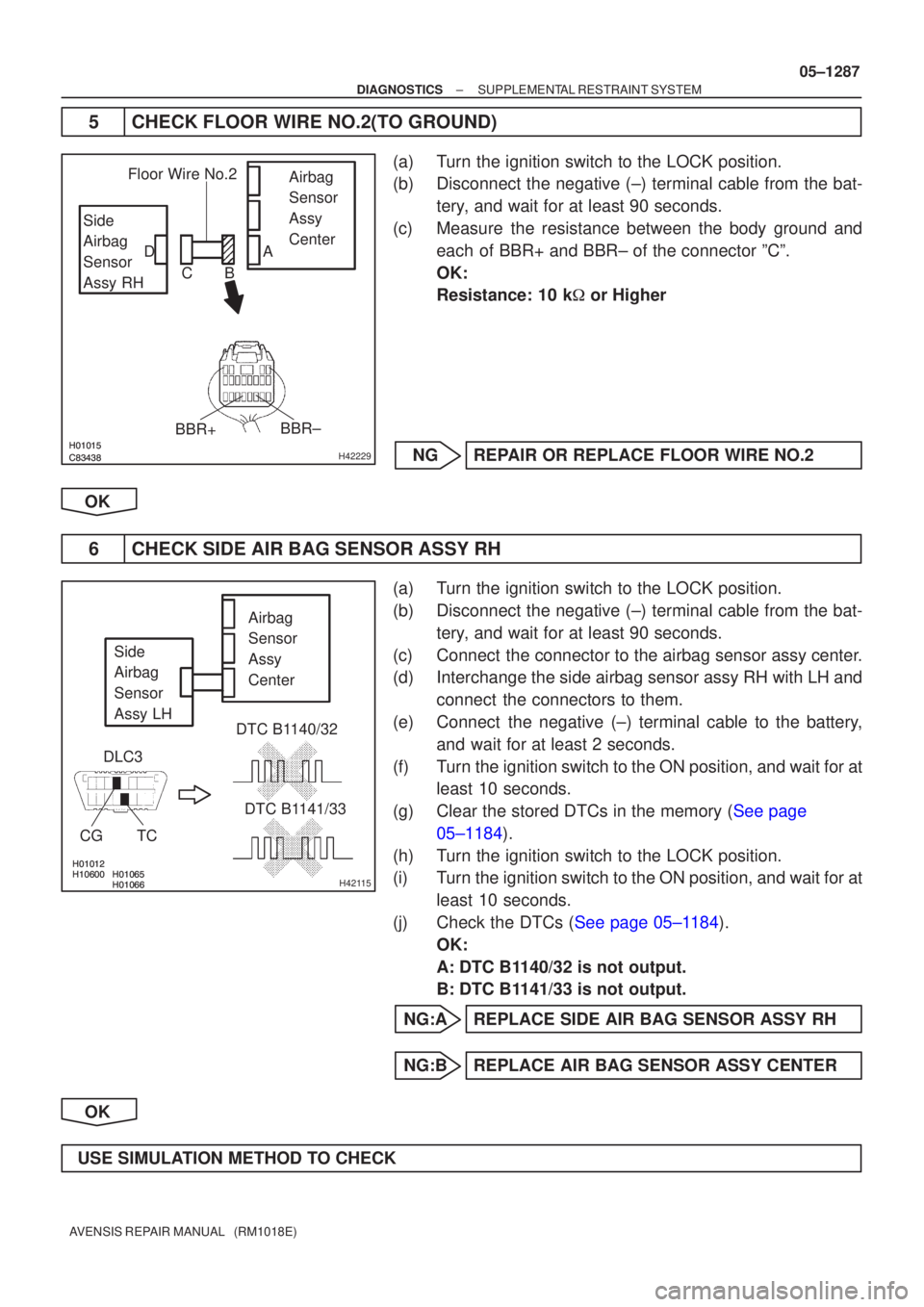 TOYOTA AVENSIS 2005  Service Repair Manual 
	\b\b
	\b\bH42229
Side
Airbag
Sensor
Assy RHAirbag
Sensor
Assy
Center
BBR±
BBR+
Floor Wire No.2
A
B
C
D










H42115
Airbag 
Sensor 
Assy 