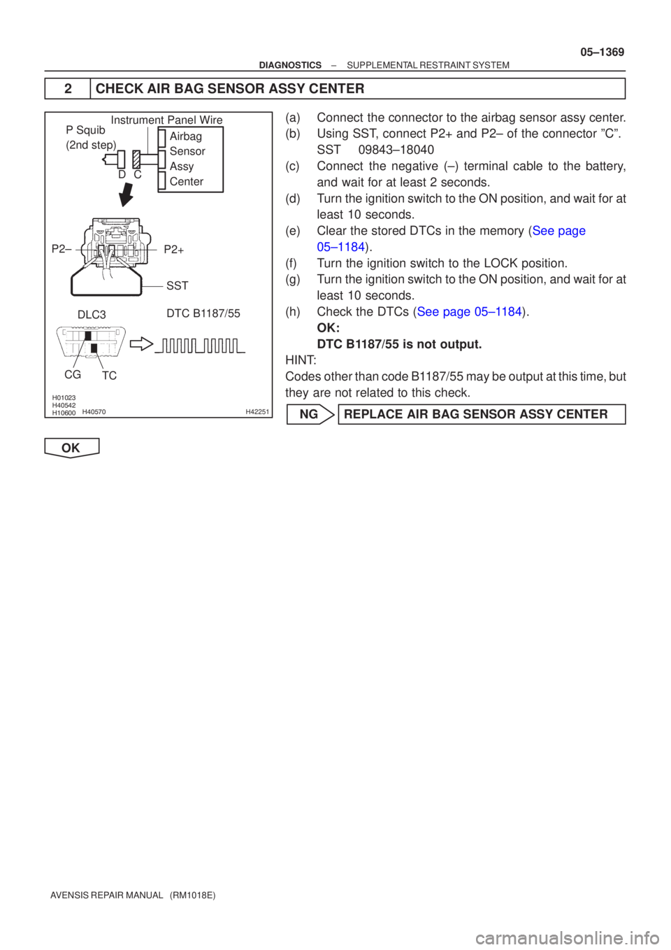 TOYOTA AVENSIS 2005  Service Repair Manual 				\bH42251
Airbag
Sensor
Assy
Center
P2+
P2±
DLC3 DTC B1187/55
TC
CGP Squib
(2nd step)Instrument Panel Wire
SST
C
D
±
DIAGNOSTICS SUPPLEMENTAL RESTRAINT SYSTEM
05±1369
AVENSIS 