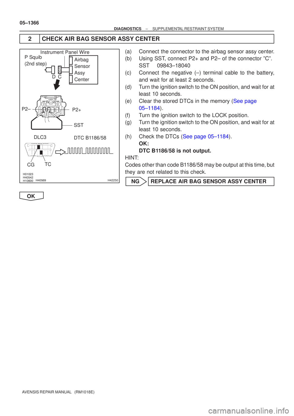 TOYOTA AVENSIS 2005  Service Repair Manual 				\bH42250
Airbag
Sensor
Assy
Center
P2+
P2±
DTC B1186/58
DLC3
TC
CGP Squib 
(2nd step)
Instrument Panel Wire
SST
C
D
05±1366
±
DIAGNOSTICS SUPPLEMENTAL RESTRAINT SYSTEM
AVENSI