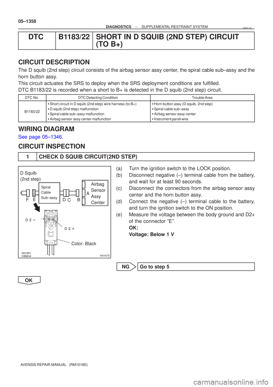 TOYOTA AVENSIS 2005  Service Repair Manual \b


H41475
D Squib
(2nd step)
Airbag
Sensor
Assy
Center
Spiral
Cable
Sub±assy
Color: Black
A
B
C
D
E
F
05±1358
±
DIAGNOSTICS SUPPLEMENTAL RESTRAINT SYSTEM
AVENSIS REPAIR MANUAL   