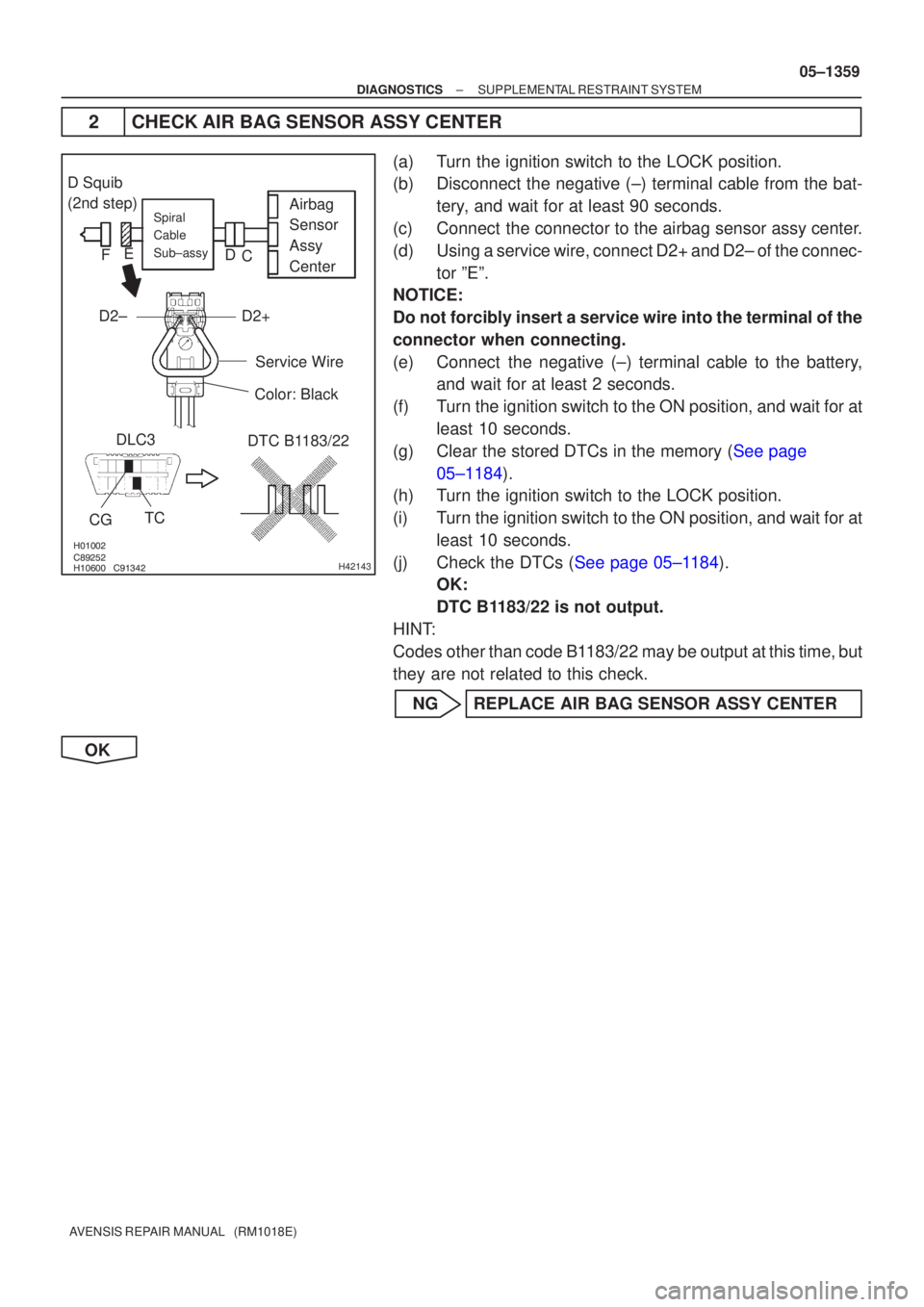 TOYOTA AVENSIS 2005  Service Repair Manual 

\b	

	H42143
Airbag
Sensor
Assy
CenterSpiral
Cable
Sub±assy
Color: Black
DTC B1183/22
CG TC
DLC3
Service Wire
D2+D2±
D Squib
(2nd step)
C
D
E
F
±
DIAGNOSTICS SUPPLEMENTAL RESTR
