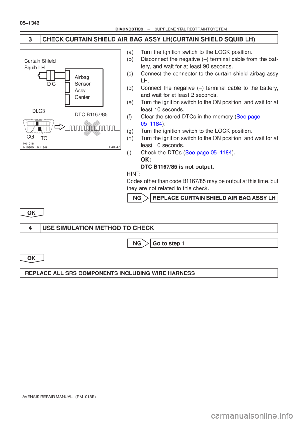 TOYOTA AVENSIS 2005  Service Repair Manual 
H40947
Curtain Shield
Squib LHAirbag 
Sensor 
Assy 
Center
CG DLC3
TC DTC B1167/85
C
D
05±1342
±
DIAGNOSTICS SUPPLEMENTAL RESTRAINT SYSTEM
AVENSIS REPAIR MANUAL   (RM1018E)
3CHECK