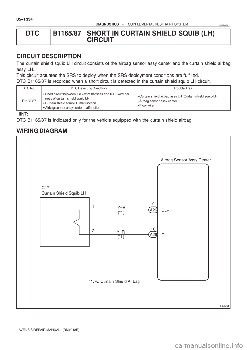 TOYOTA AVENSIS 2005  Service Repair Manual H01454
C17
Curtain Shield Squib LHAirbag Sensor Assy Center
1
2Y±V
Y±RA26
A269
10ICL+
ICL± (*1)
(*1)
*1: w/ Curtain Shield Airbag 05±1334
± DIAGNOSTICSSUPPLEMENTAL RESTRAINT SYSTEM
AVENSIS REPAIR
