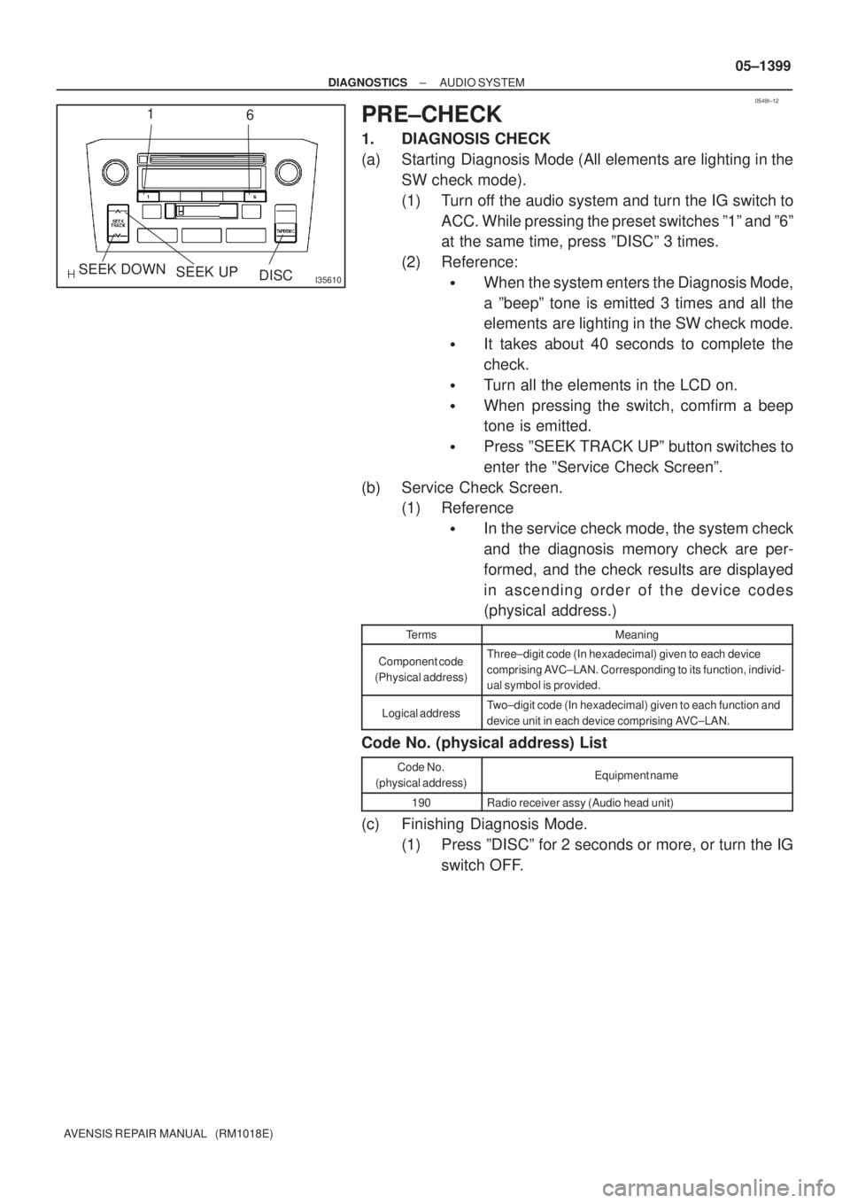 TOYOTA AVENSIS 2005  Service Repair Manual 0549I±12
I35610
1
6
DISC
SEEK UPSEEK DOWN
± DIAGNOSTICSAUDIO SYSTEM
05±1399
AVENSIS REPAIR MANUAL   (RM1018E)
PRE±CHECK
1. DIAGNOSIS CHECK
(a) Starting Diagnosis Mode (All elements are lighting in