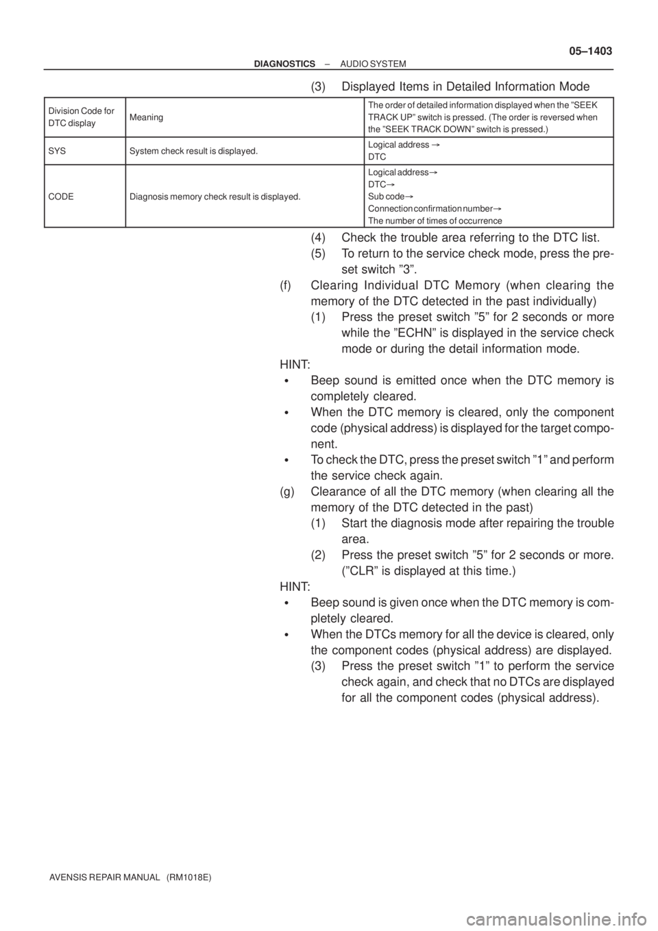 TOYOTA AVENSIS 2005  Service Repair Manual ± DIAGNOSTICSAUDIO SYSTEM
05±1403
AVENSIS REPAIR MANUAL   (RM1018E)
(3) Displayed Items in Detailed Information Mode
Division Code for
DTC displayMeaning
The order of detailed information displayed 