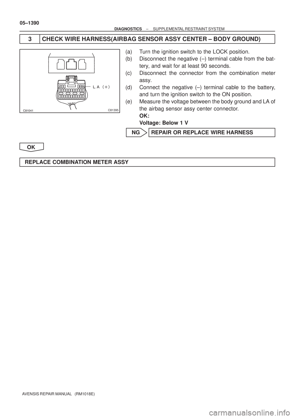 TOYOTA AVENSIS 2005  Service Repair Manual 

C81395
05±1390
± DIAGNOSTICSSUPPLEMENTAL RESTRAINT SYSTEM
AVENSIS REPAIR MANUAL   (RM1018E)
3 CHECK WIRE HARNESS(AIRBAG SENSOR ASSY CENTER ± BODY GROUND)
(a) Turn the ignition switch t