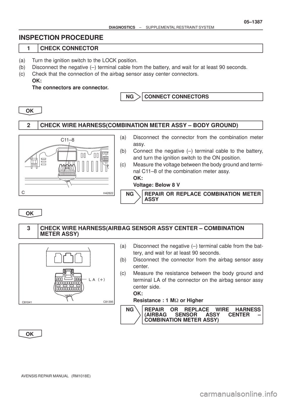 TOYOTA AVENSIS 2005  Service Repair Manual H42822
C11±8


C81395
± DIAGNOSTICSSUPPLEMENTAL RESTRAINT SYSTEM
05±1387
AVENSIS REPAIR MANUAL   (RM1018E)
INSPECTION PROCEDURE
1 CHECK CONNECTOR
(a) Turn the ignition switch to the LOCK